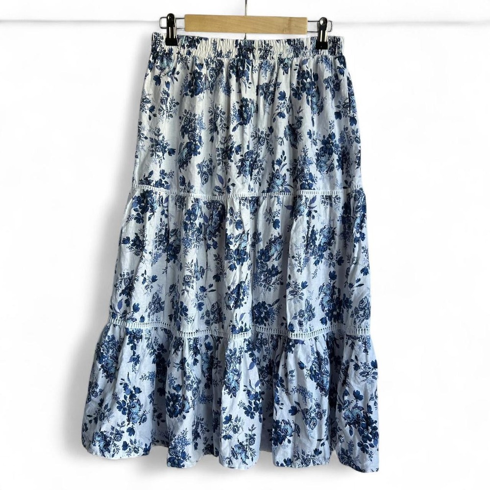Cupcakes & Cashmere Blue White Floral Maxi Boho Linen Skirt Elastic Waist XL